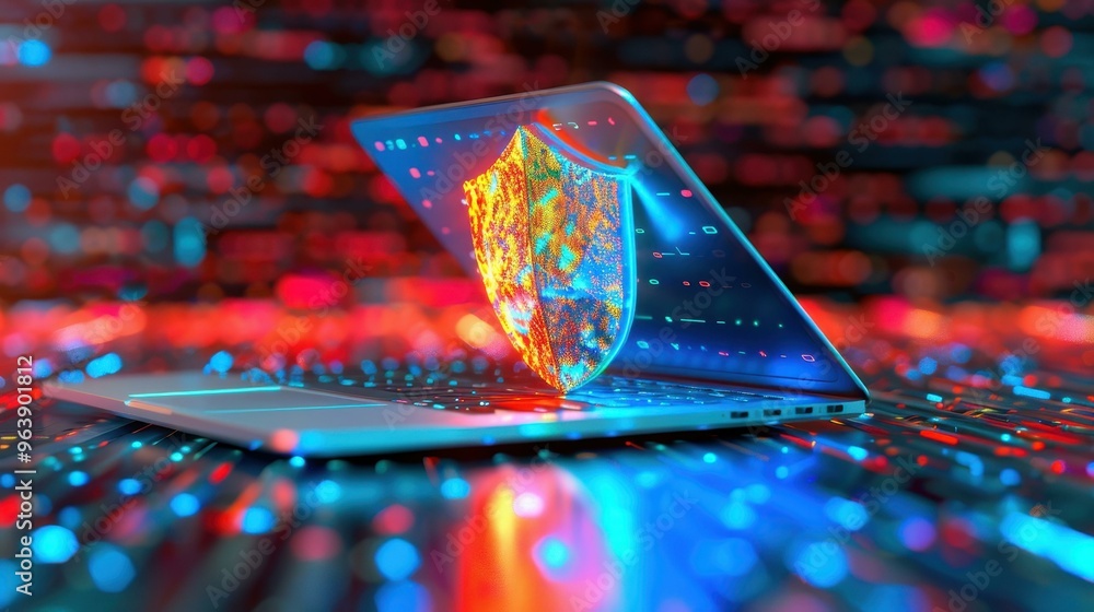 Poster glowing shield and keyhole symbolize robust data protection in the digital age, emphasizing the impo