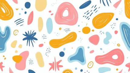 Bright, fun doodle pattern with quirky shapes, perfect for creative designs and vibrant brochure covers in a modern style.