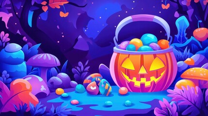 Fototapeta premium A vibrant Halloween scene featuring a candyfilled jackolantern bucket set against a bright, clean backdrop.