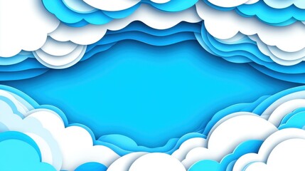 A vibrant vector illustration of fluffy clouds against a bright blue sky, featuring a papercut design with space for text.