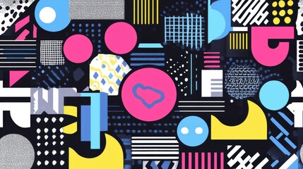 Vibrant geometric patterns in a retro s style, featuring bold shapes and textures on a sleek black background.
