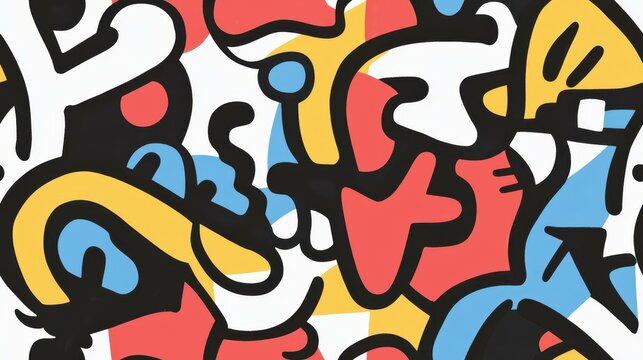 A vibrant illustration showcasing playful shapes and spontaneous marks, blending minimalism with graffitiinspired lettering.