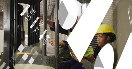 Animation of financial data processing over diverse workers in warehouse - Powered by Adobe