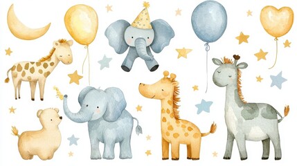 Watercolor Baby Animals   Giraffe  Elephant  Bear  Stars  Moon  Balloons  Nursery Clip Art