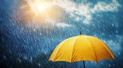 Concept of storm and heavy rain with a vintage umbrella revealing blue sky with shining sun