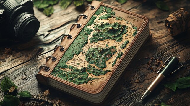 Personalized travel journal with custom map design, adventure-themed gift, 3D illustration