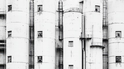 Industrial White Silos with Windows and Ladders