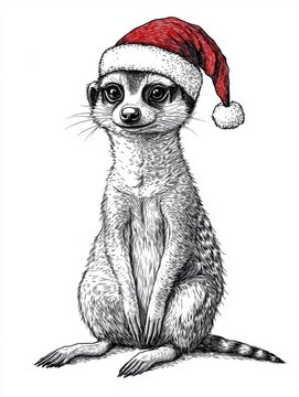 recommend clip art: Black and white Vintage engraved art of a full-body meerkat with a Christmas Santa hat, isolated on white background, ink sketch illustration, simple vector art design, highly detailed line art