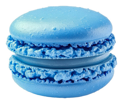 Delicious blue macaron resting on a white surface, cut out - stock png.