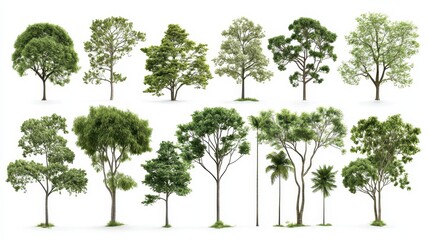 Collection of Isolated Trees with Green Foliage on White Background