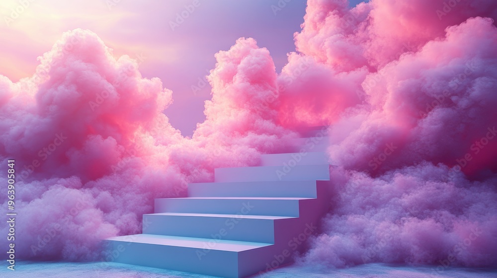 Poster 3d white clou3d levitating above the cube pedestal square podium ladder minimal room interior floati