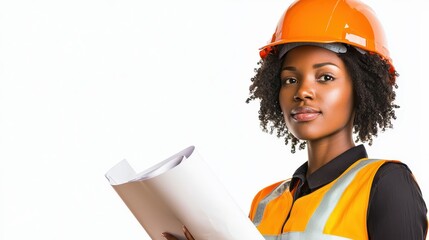 African American Female Construction Worker Holding Plans