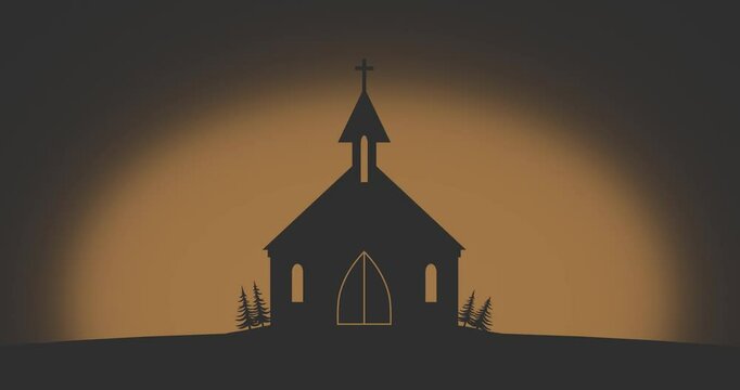 Landscape with church building at sunrise. Community worship unity symbol.