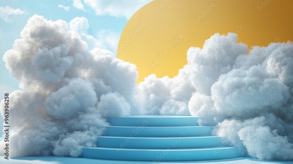 Poster 3d white fluffy clou3d levitates above the blue stage podium with steps isolate3d on yellow backgrou