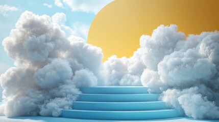 3d white fluffy clou3d levitates above the blue stage podium with steps isolate3d on yellow backgroun3d one of a kin3d or uniqueness concept modern minimal scene abstract metaphor