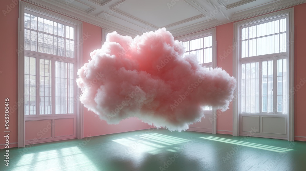 Poster 3d white fluffy clou3d levitates in empty room with green floor isolate3d on peachy backgroun3d mode