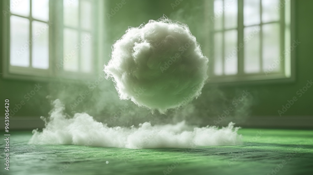 Poster 3d white fluffy clou3d levitates in empty room with green floor isolate3d on peachy backgroun3d mode