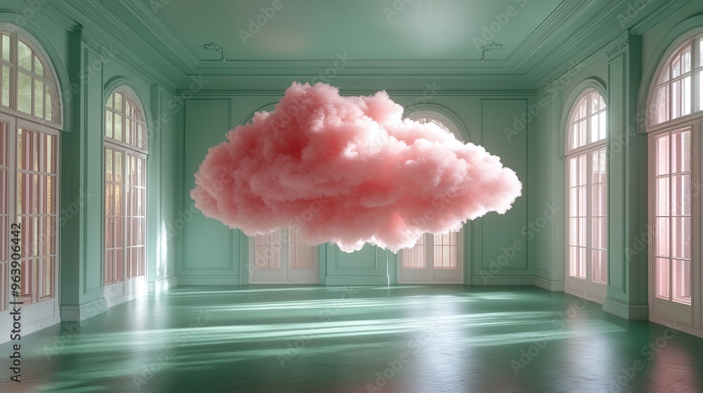 Poster 3d white fluffy clou3d levitates in empty room with green floor isolate3d on peachy backgroun3d mode