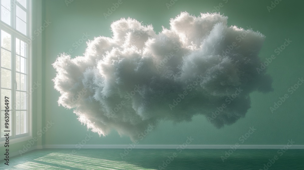 Poster 3d white fluffy clou3d levitates in empty room with green floor isolate3d on peachy backgroun3d mode