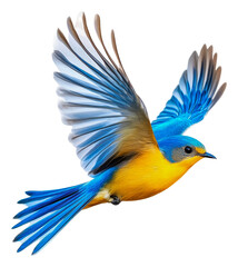 Colorful bird flying over bright backdrop, cut out - stock png.