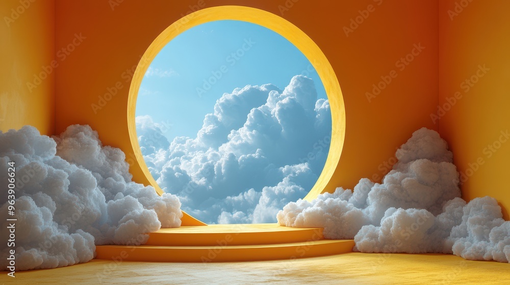 Poster 3d white fluffy clouds fly under the blue rounde3d arch isolate3d on yellow backgroun3d modern minim