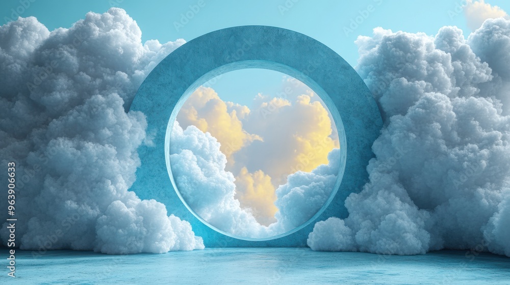 Aufkleber 3d white fluffy clouds linke3d with blue roun3d arch isolate3d on yellow backgroun3d modern minimal 