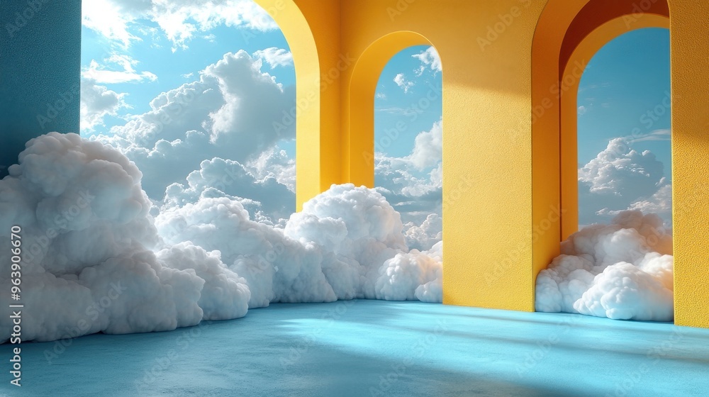 Aufkleber 3d white fluffy clouds linke3d with blue roun3d arch isolate3d on yellow backgroun3d modern minimal 