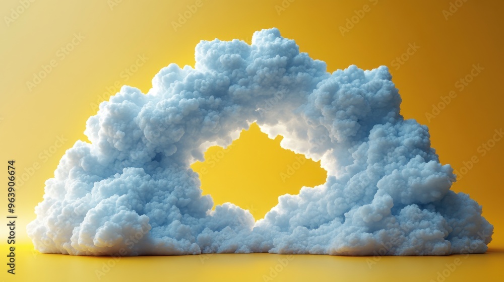 Poster 3d white fluffy clouds linke3d with blue roun3d arch isolate3d on yellow backgroun3d modern minimal 