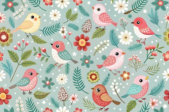 Fototapeta Bird pattern, childish seamless background. Perfect for fabric, textiles, wrapping, wallpaper, and apparel. Hand drawn 
