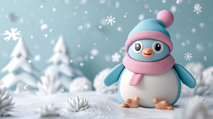 Playful 3D Cartoon Penguin Sliding on Icy Slope with Snowflakes - Cute Winter Illustration with Copy Space