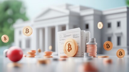 A detailed representation of cryptocurrency with Bitcoin coins, money, and banking elements showcasing digital finance innovations.
