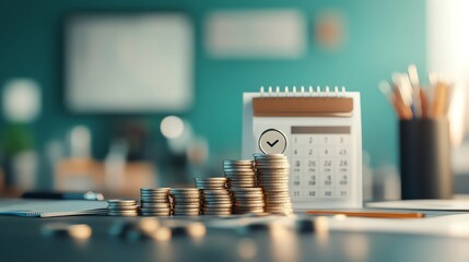 A stack of coins beside a calendar, symbolizing budgeting and financial planning in a modern workspace.