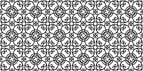 Black and white background with repeating openwork curly ornament. Abstract endless texture with elegant lace lattice. Vector seamless pattern for wrapping paper, giftwrap, surface texture and print