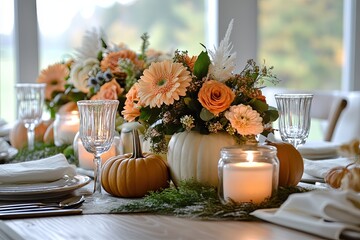 Elegant autumn table setting with floral centerpiece and mini pumpkins for Thanksgiving dinner