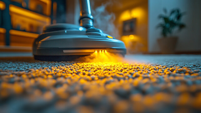 A close-up view of a vacuum cleaner releasing steam on a carpet, showcasing cleanliness and modern home care principles.