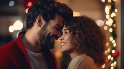 Loving couple celebrating Christmas at home. Man and woman in a seasonal winter interior. The concept of holidays.