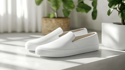 Close up of a pair of white slip-on sneakers on a white surface.