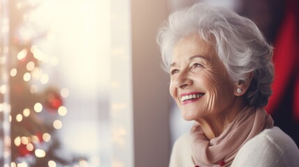 Old woman celebrating Christmas at home. Seasonal winter interior. The concept of holidays.