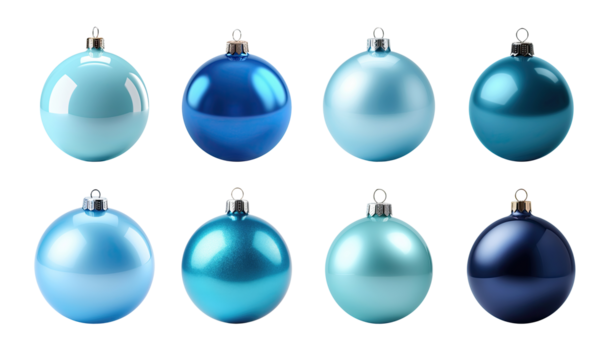 Set of blue Christmas balls isolated on transparent background