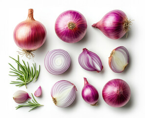 A close up of several onions, including one that is cut in half. The onions are arranged in a row, with some of them being whole and others being cut in half. Concept of abundance and variety