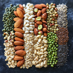 Fototapeta premium A variety of nuts and seeds are displayed in a row. Concept of abundance and variety, as there are many different types of nuts and seeds on display