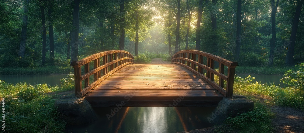 Wall mural wooden bridge in misty forest