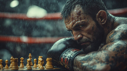 A determined fighter contemplates his next move in a dramatic chess match, capturing the intensity of strategy and strength.