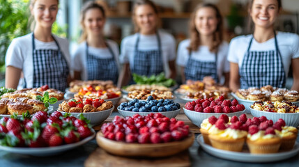Obraz premium A delightful display of vibrant desserts and fresh fruits, presented by cheerful bakers in a cozy kitchen setting.