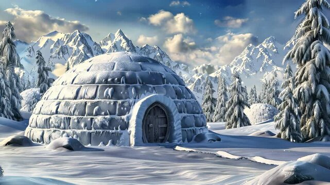 Building a traditional igloo in the snowy mountains during the winter season amidst stunning landscapes