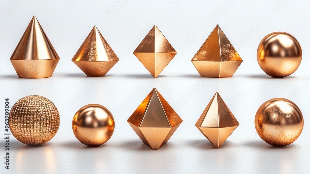 Poster 3d different geometric golden shapes set modern minimal metal objects isolate3d on white background