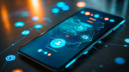 Closeup of a smartphone with a glowing screen and icons.