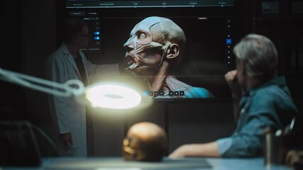 Senior scientist stands up and shows 3D visualization of ancient human head on big screen. Two archaeologists study fossil skull, conduct historical research in advanced archaeological lab at night.