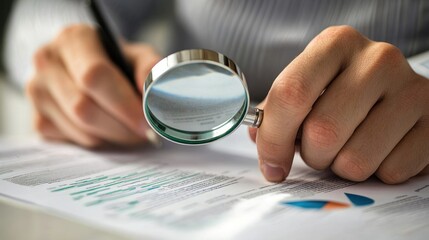 An analyst using a magnifying glass to review detailed documents