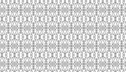 Black and white background with repeating openwork decor of thin curls. Abstract endless texture with elegant lace lattice. Vector seamless pattern for wrapping paper, giftwrap, surface texture, print